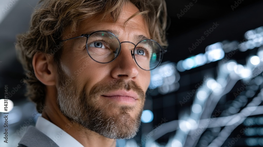 Poster a man with glasses is smiling at the camera
