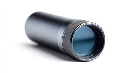 single telescope lens representing boundless curiosity of astronomy isolated against stark white backdrop