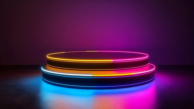 Two-tiered circular platform with vibrant neon lighting  Glowing colors illuminate the dark background