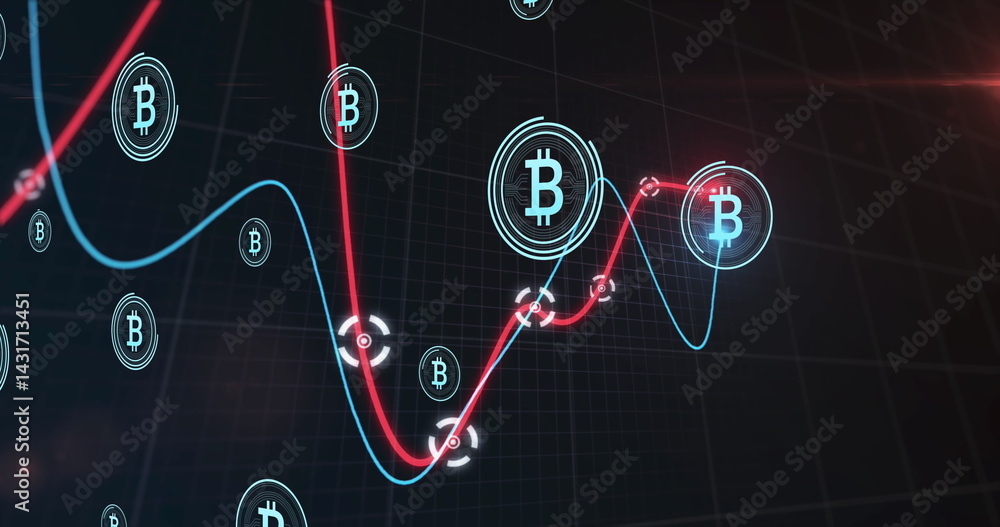 Poster image of bitcoin symbols, statistics and financial data processing over grid