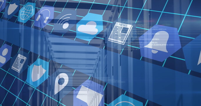 Image of media icons over server room - Powered by Adobe