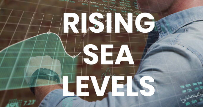 Image of rising sea levels over financial graph and caucasian businessman with smartwatch - Powered by Adobe