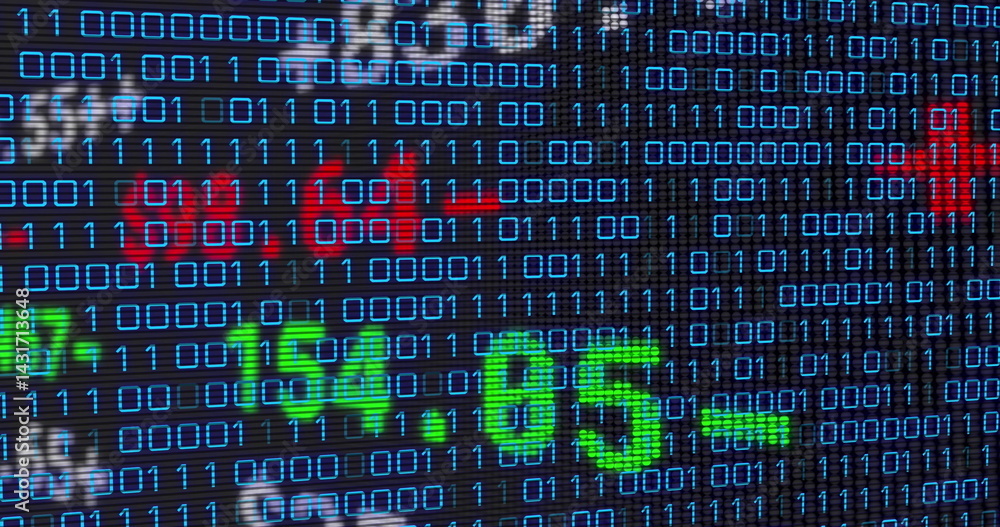 Poster image of financial data over binary code on black background