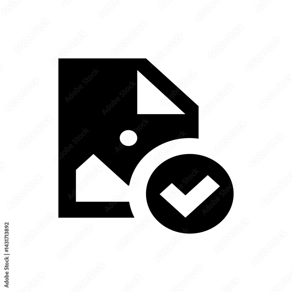 Poster file icon with a landscape and a folded corner and a check mark in a circle on the bottom right corn