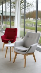 Fototapeta premium Podcast studio featuring minimalist design with natural light, beige furnishings, and modern decor for creative discussions
