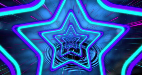 Fototapeta premium Image of neon stars moving over drop falling into water