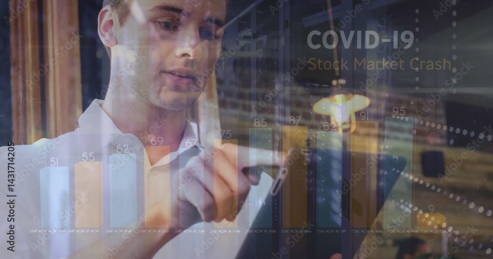 Aufkleber image of covid 19 data processing and statistics over caucasian man using laptop