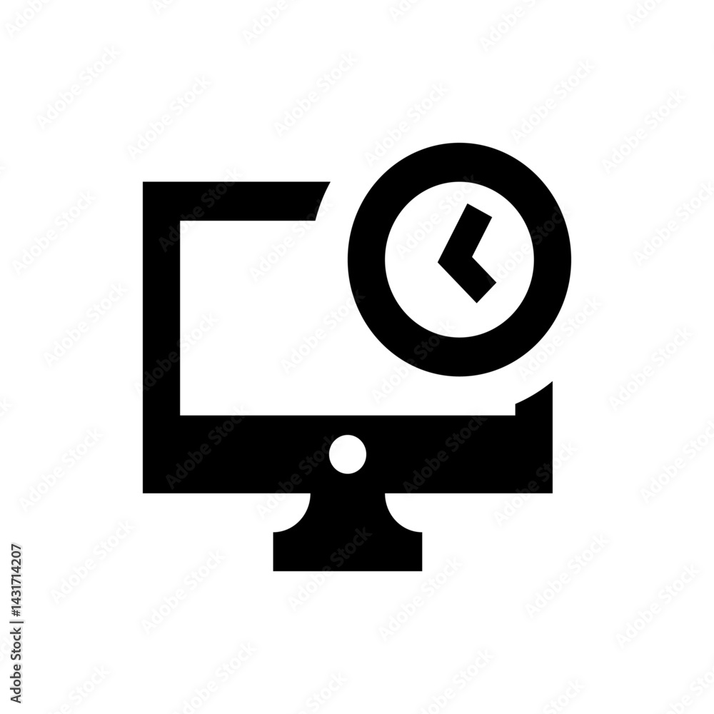 Poster computer screen with a clock showing time moving backwards in a simple black and white illustration