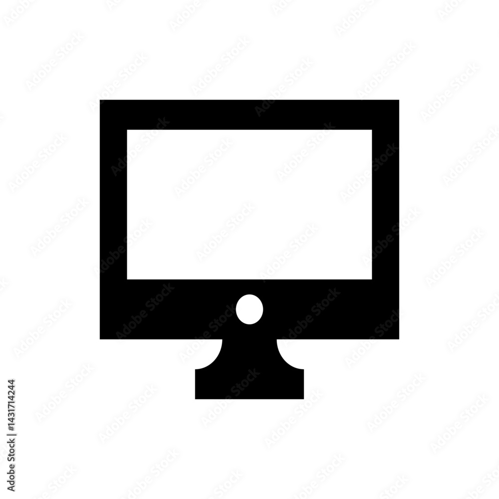Poster illustration of a desktop computer screen with a stand and a circular power button in solid black co