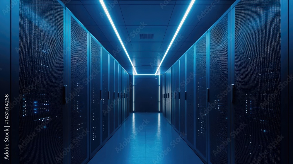 Poster modern data center aisle with symmetrical server racks under blue neon lighting. ideal for tech prom