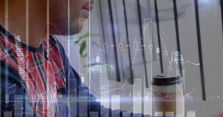 Image of financial data processing and statistics over caucasian man using laptop