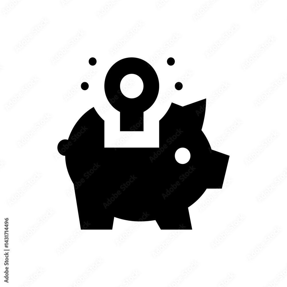 Poster black piggy bank with a key inserted into the top and small circles surrounding the key design eleme