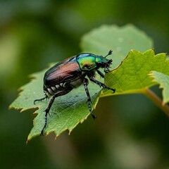 Naklejka premium Japanese Beetle Macro Green Body Close-Up on Grapevine Leaf