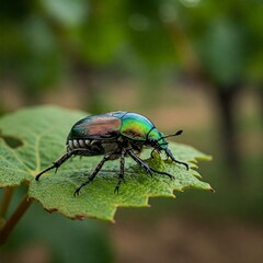 Naklejka premium Popillia Japonica Macro Iridescent Beetle on Leaf with Vineyard Blur