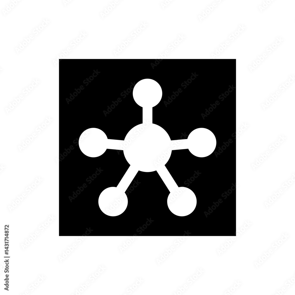Poster illustration of a white molecule structure with five branches on a black background in a simple styl