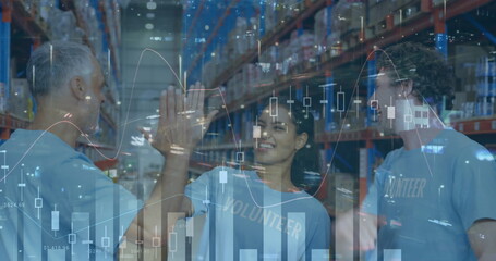 Image of financial data processing over diverse people in warehouse and cityscape