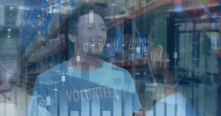 Image of financial data processing over diverse people in warehouse