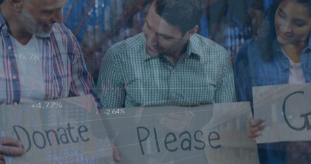 Image of financial data processing over diverse people in warehouse