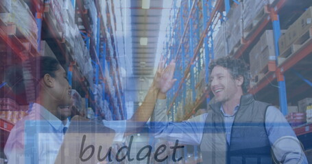 Image of financial data processing over diverse people in warehouse