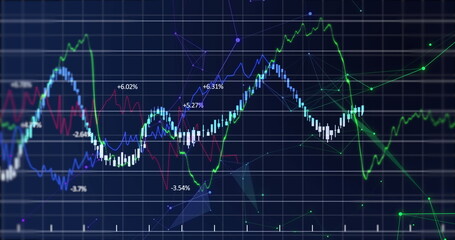 Image of financial data processing and networks of connections over black background