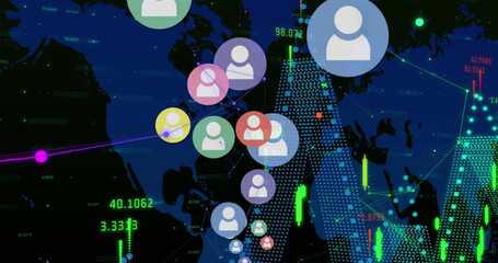 Image of icons, financial data processing and networks of connections over black background