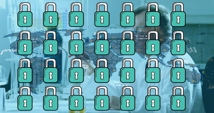 Image of padlock icons and world map over caucasian male scientist in lab - Powered by Adobe