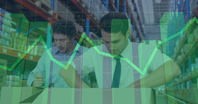 Image of financial data processing over diverse people in warehouse