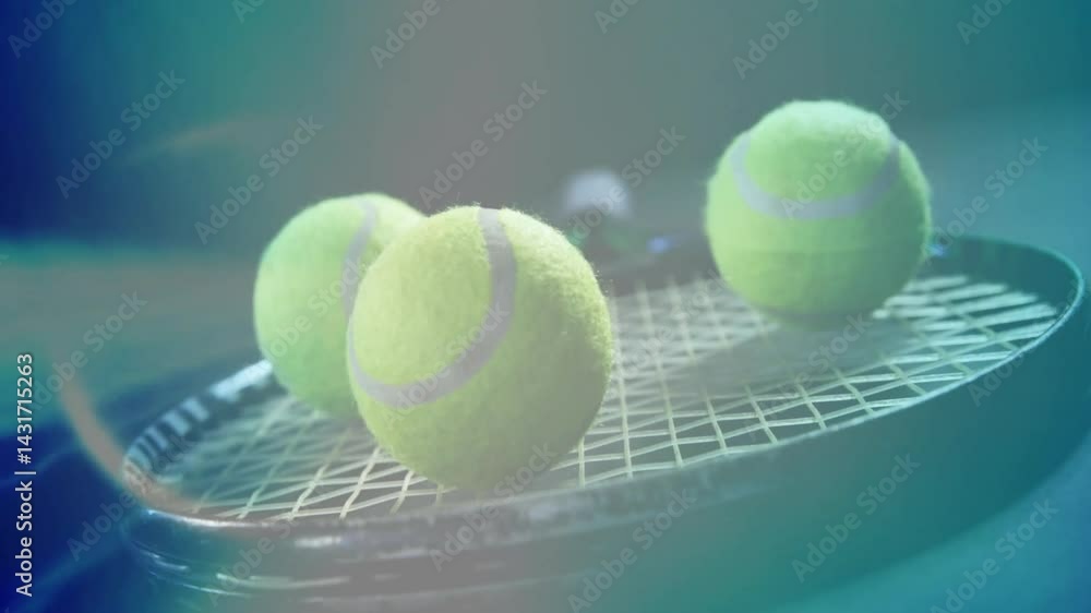 Poster tennis balls being illuminated, levitating above racket strings with blue teal beams in 3d render