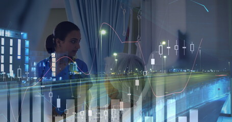 Image of data processing over biracial female doctor talking with patient