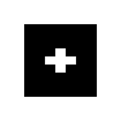A simple graphic featuring a white plus sign centered on a rectangular black background creating contrast
