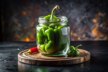 Macro Close-up of Green Pepper on Jar of Food, Black Plate