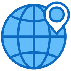 Global Location Pin on Earth Navigation and Travel Concept blue fill icon