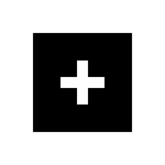 A simple black square background with a white plus sign centered in the middle of the composition present