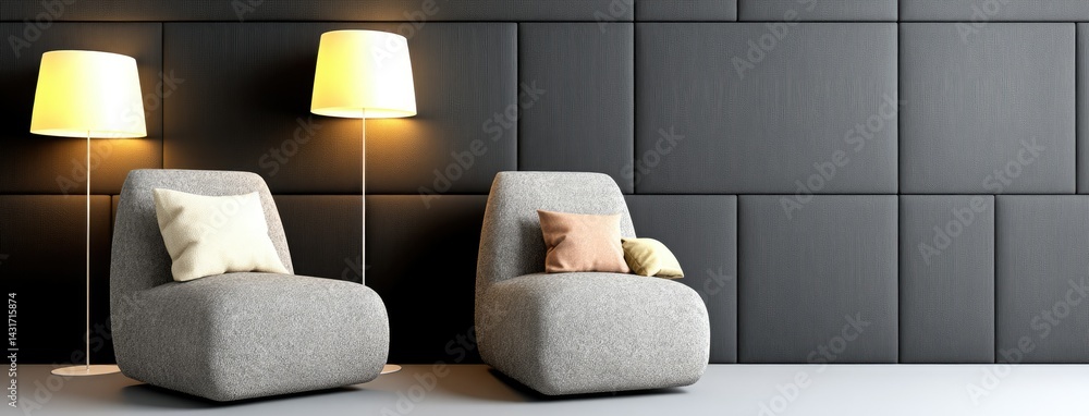 Poster podcast setup features two empty armchairs in front of microphones and studio lights against a dark 
