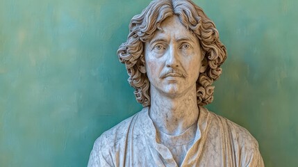 Serene Marble Statue of Isaac Newton Gazing Upward Against a Soft Green Background