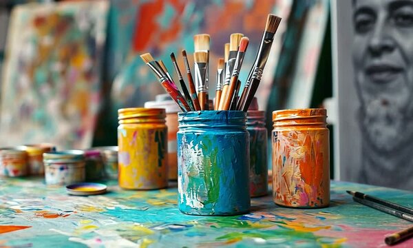 Vibrant art studio scene with paintbrushes in jars and colorful splatters on the table