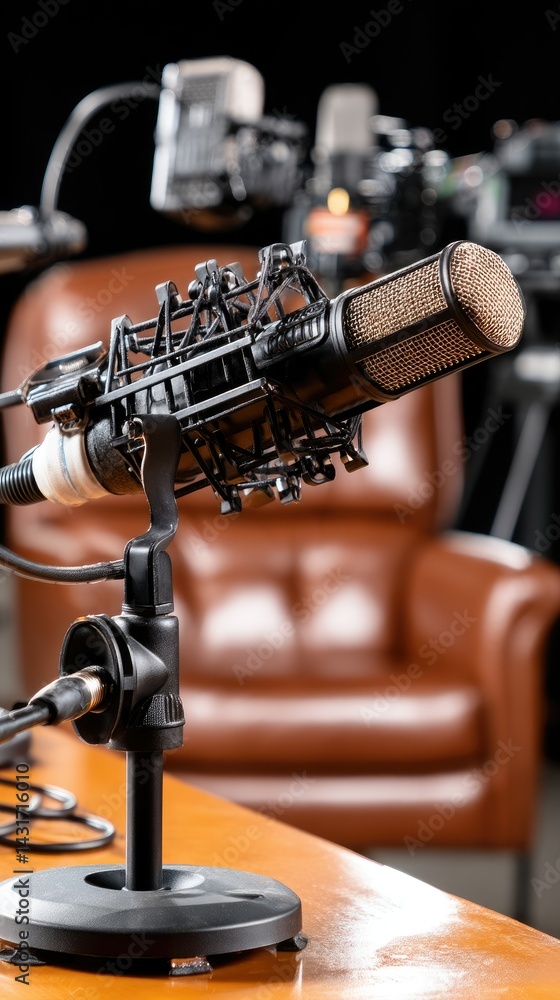 Poster creating engaging conversations in a minimalist podcast studio with comfortable chairs and warm ligh