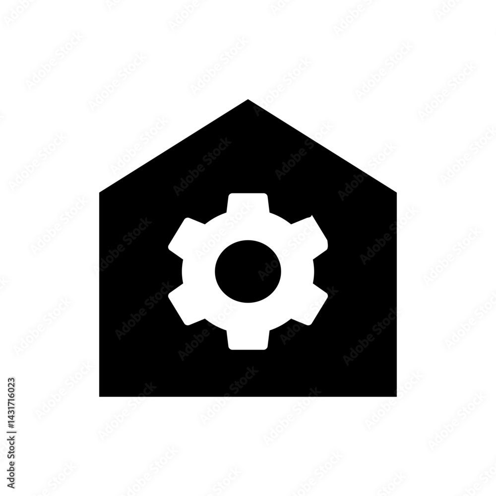 Poster black house shape with a white gear icon centered inside representing settings or configuration opti
