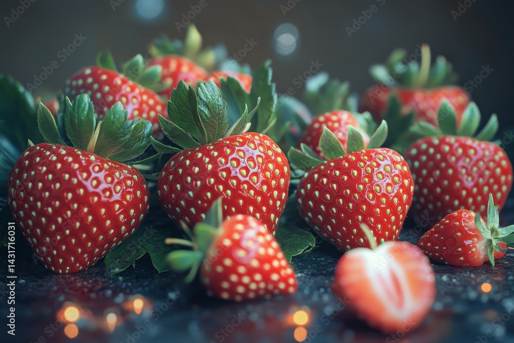 Poster fresh strawberries arranged on a dark surface with soft bokeh lights in the background