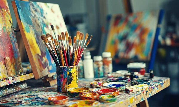 Vibrant Art Studio with Colorful Paints, Brushes, and Canvases in Creative Workspace