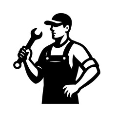 Vector Illustration of a Mechanic Holding a Wrench in Uniform Silhouette Style