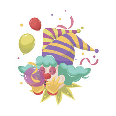Obraz premium Fools day holiday clown in flat design. Circus comedian head blowing balloons. Vector illustration isolated.