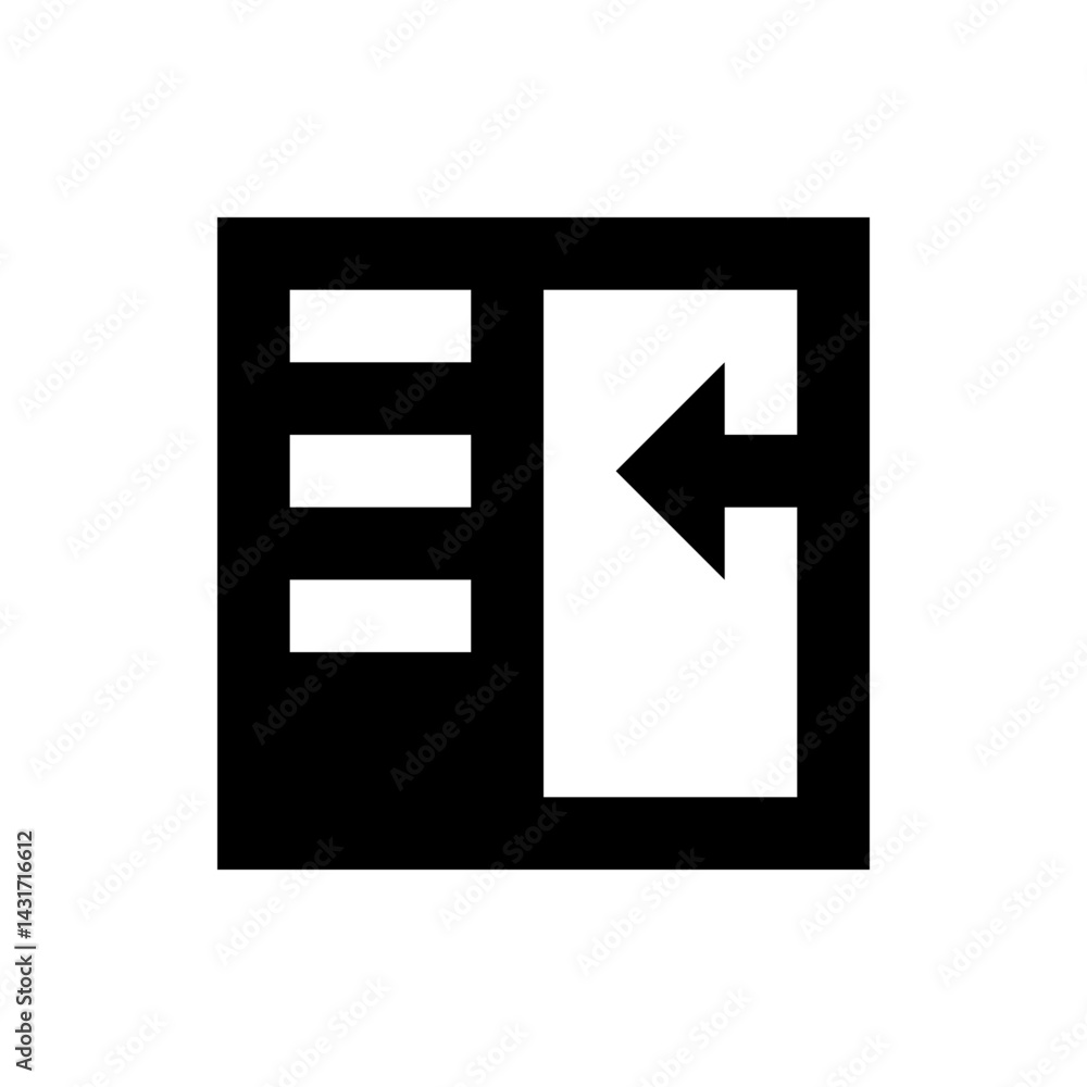 Poster black square with three horizontal white rectangles and an arrow pointing left inside the square sha