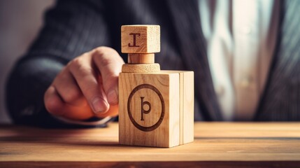 A copyright protection concept where a businessman holds a wooden block with the "Register Trademark" logo, emphasizing the importance of intellectual property