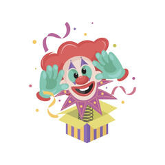 Joke box with funny clown in flat design. Surprise prank at Fools day. Vector illustration isolated.