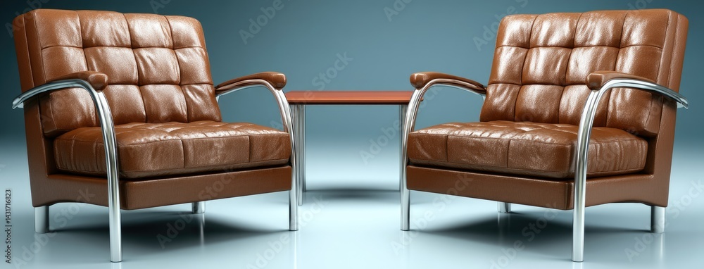 Poster modern podcast studio setup featuring two armchairs and microphones creating an inviting atmosphere 