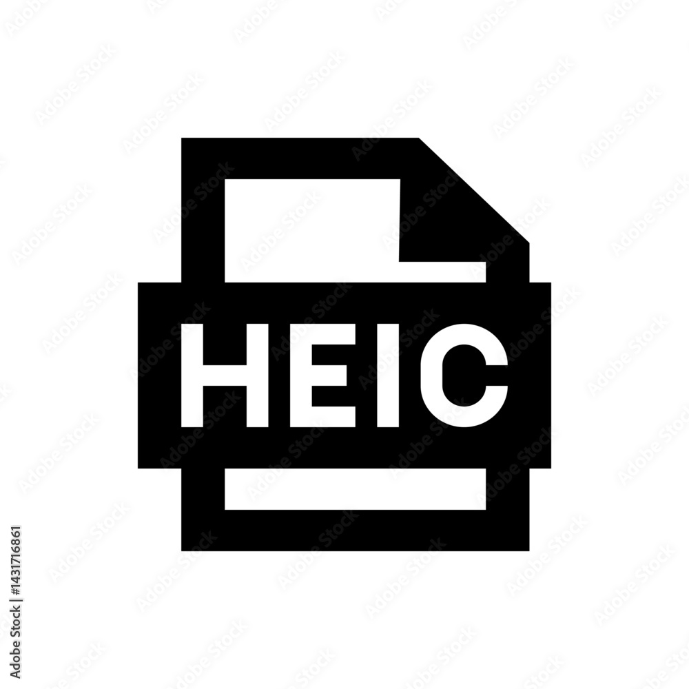 Poster illustration of a heic file icon with a folded corner and bold heic text in the center in black and 
