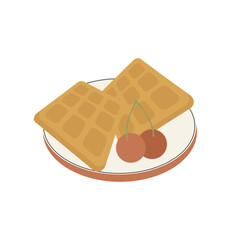 Delicious waffles with cherry in flat design. French food, traditional dessert. Vector illustration isolated.