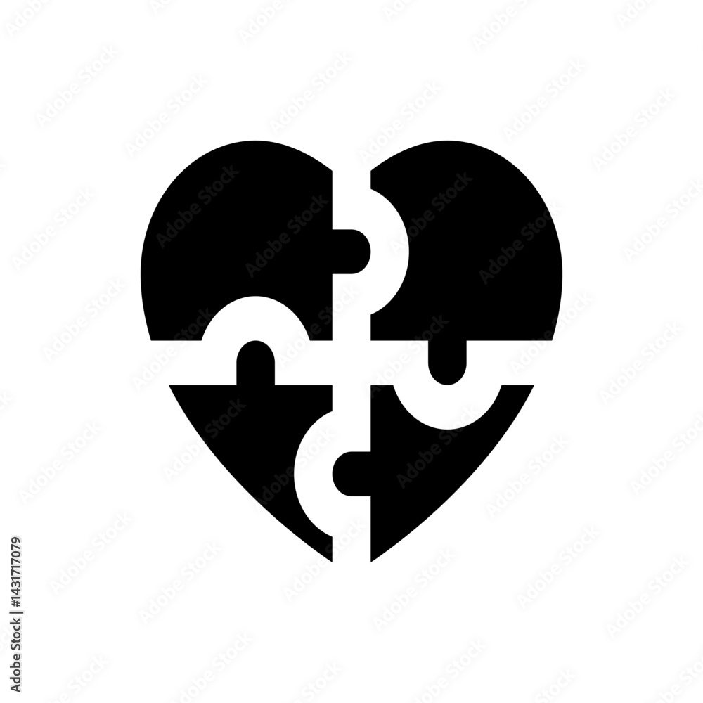 Poster heart shape constructed from four puzzle pieces in black and white creating a symbolic representatio