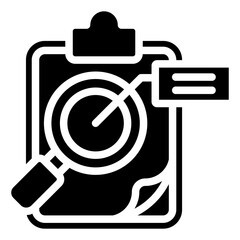 Research and analysis on a clipboard with a magnifying glass glyph black icon